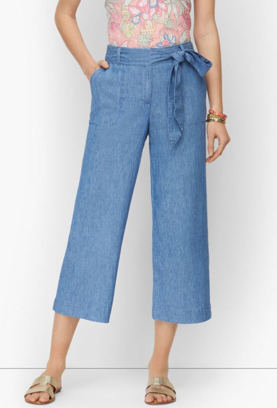 Talbots Womens 8 Blue Chambray Linen Blend Tie Waist Crop Pants Casual Summer